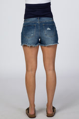 Navy Blue Distressed Maternity Denim Shorts