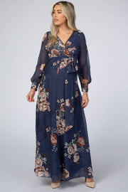 Navy Floral Chiffon Maternity Maxi Dress