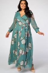 Teal Floral Chiffon Plus Maxi Dress