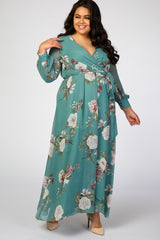 Teal Floral Chiffon Plus Maxi Dress