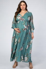 Teal Floral Chiffon Maternity Plus Maxi Dress