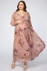 Pink Floral Chiffon Maternity Plus Maxi Dress