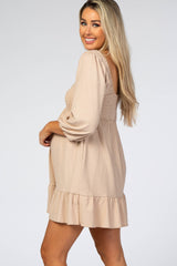 Beige Textured Stripe Sweetheart Neck Maternity Dress