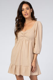 Beige Textured Stripe Sweetheart Neck Dress