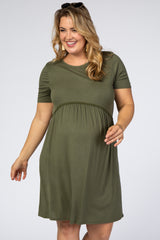 Olive Solid Crochet Trim Maternity Plus Shift Dress