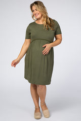 Olive Solid Crochet Trim Maternity Plus Shift Dress