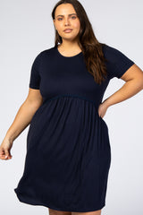 Navy Blue Solid Crochet Trim Plus Shift Dress