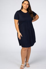 Navy Blue Solid Crochet Trim Plus Shift Dress