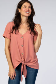 Salmon Button Tie Front Top