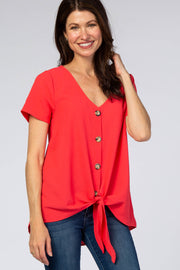 Coral Button Tie Front Top