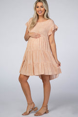 Peach Dot Print Tiered Ruffle Sleeve Maternity Dress