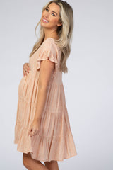 Peach Dot Print Tiered Ruffle Sleeve Maternity Dress