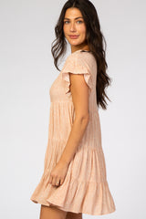 Peach Dot Print Tiered Ruffle Sleeve Dress