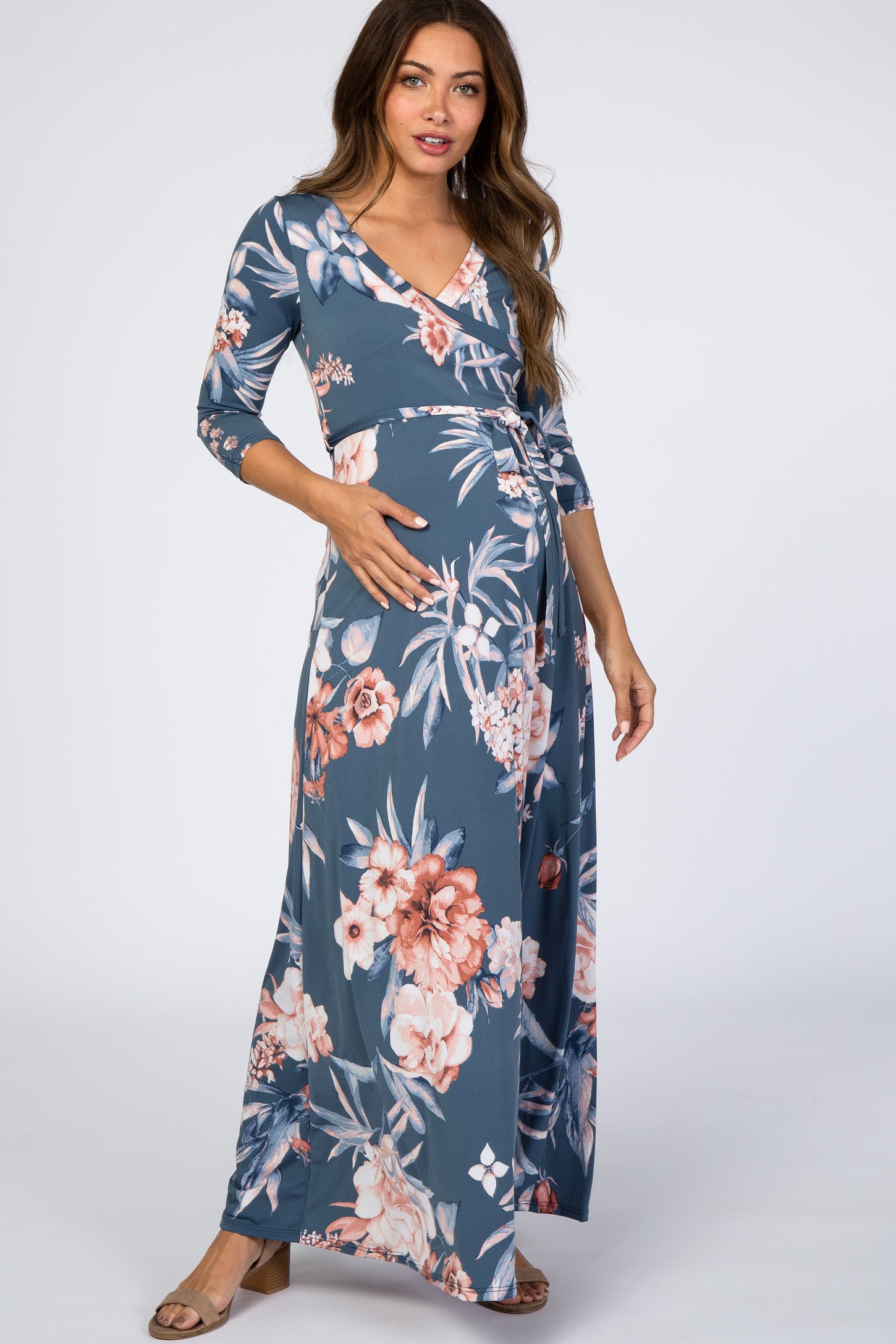 Blue Pink Floral Wrap Maternity Maxi Dress– PinkBlush