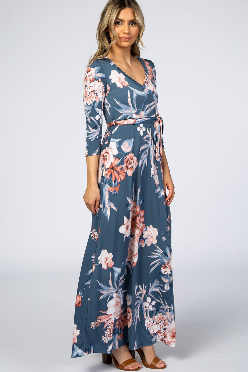 Blue Pink Floral Wrap Maxi Dress – PinkBlush