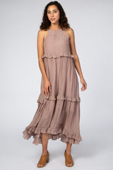 Dusty Pink Halter Neck Ruffle Trim Maternity Maxi Dress