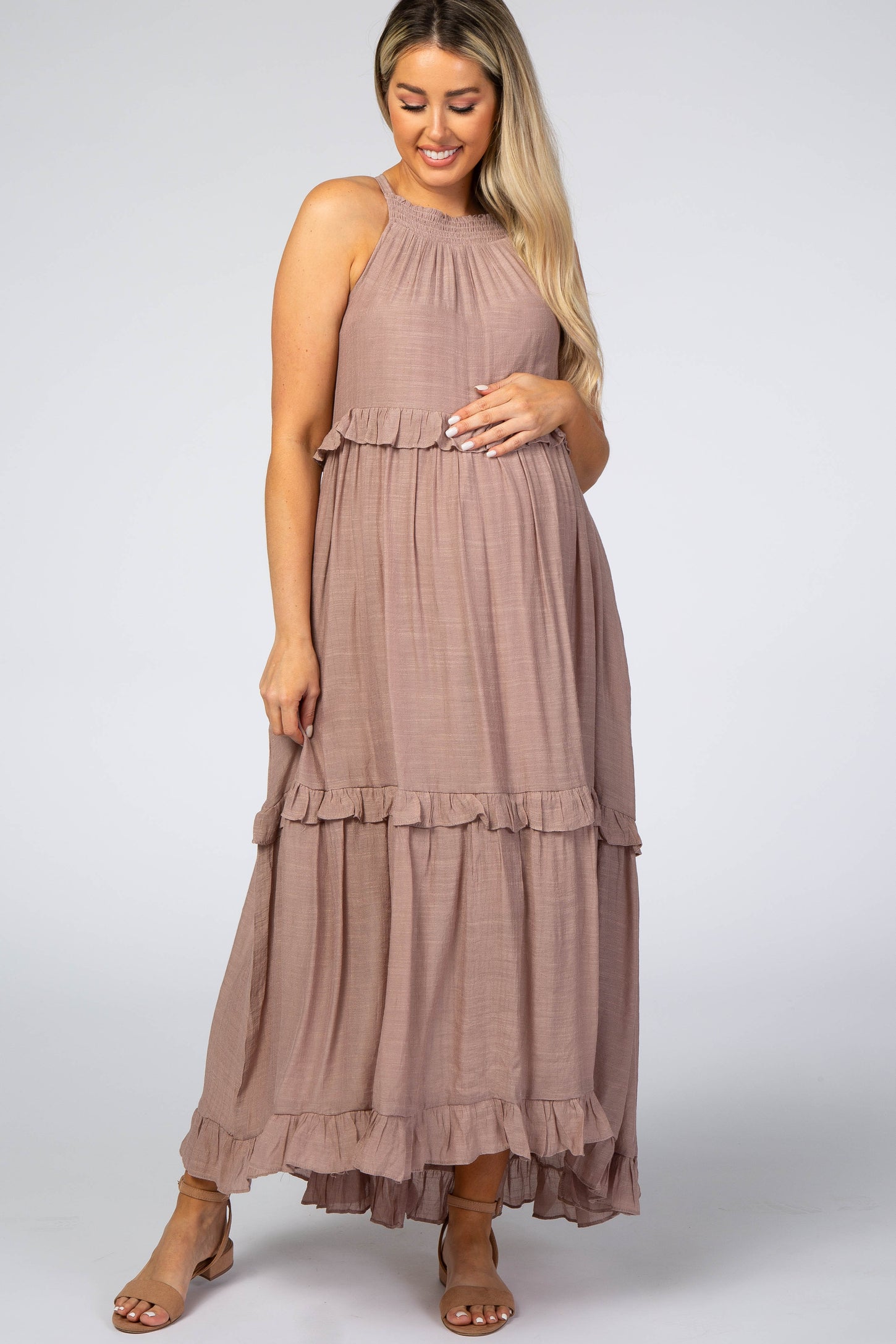Fuchsia Off Shoulder Ruffle Trim Maternity Maxi Dress– PinkBlush