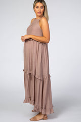 Dusty Pink Halter Neck Ruffle Trim Maternity Maxi Dress