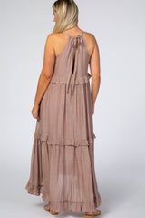 Dusty Pink Halter Neck Ruffle Trim Maternity Maxi Dress