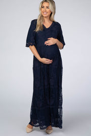 Navy Lace Overlay Maternity Maxi Dress