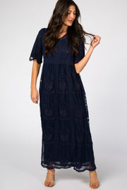 Navy Lace Overlay Maxi Dress