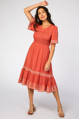 Coral Embroidered Midi Dress