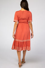 Coral Embroidered Midi Dress