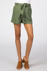 Olive Linen Pleated Front Tie Maternity Shorts