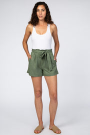 Olive Linen Pleated Front Tie Shorts