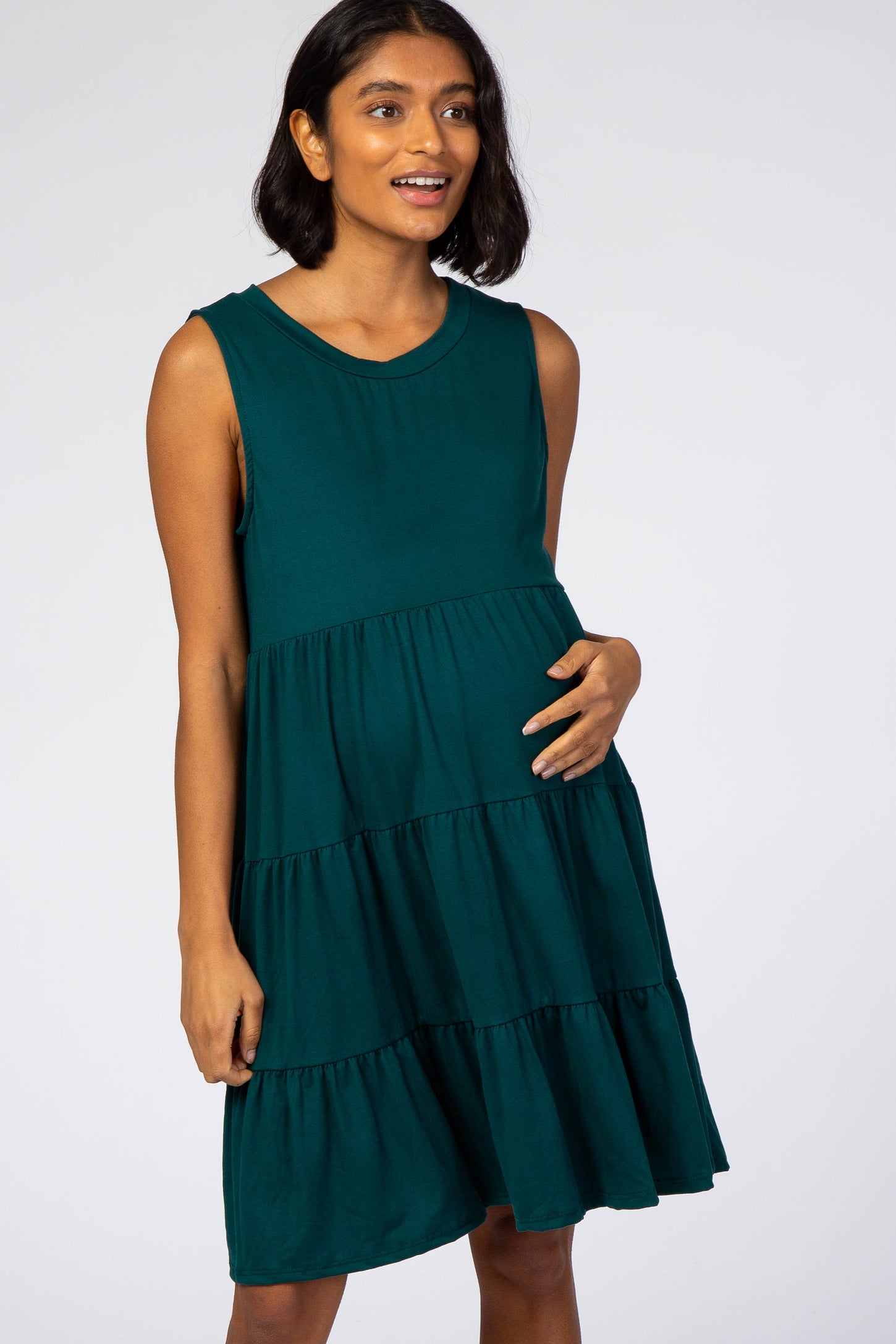 Forest Green Soft Knit Pleated Tiered Sleeveless Maternity Dress– PinkBlush