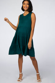 Forest Green Soft Knit Pleated Tiered Sleeveless Maternity Dress