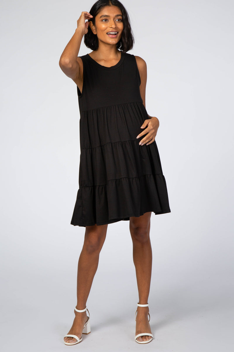 Black Soft Knit Pleated Tiered Sleeveless Maternity Dress– PinkBlush