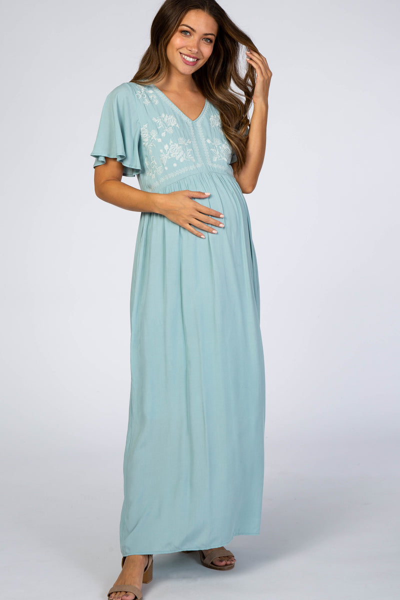 Light Blue Embroidered Short Sleeve Maternity Maxi Dress– PinkBlush