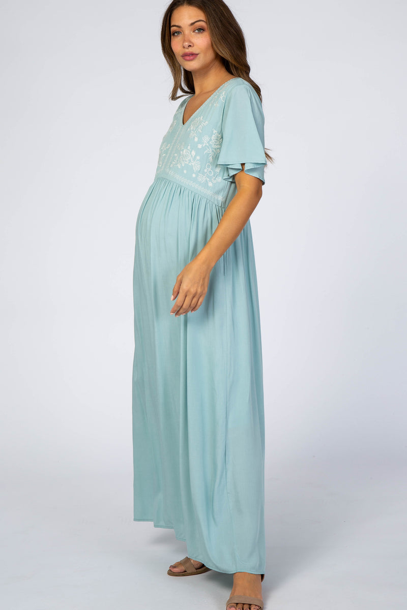 Light Blue Embroidered Short Sleeve Maternity Maxi Dress – PinkBlush