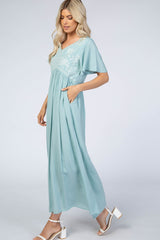 Light Blue Embroidered Short Sleeve Maxi Dress