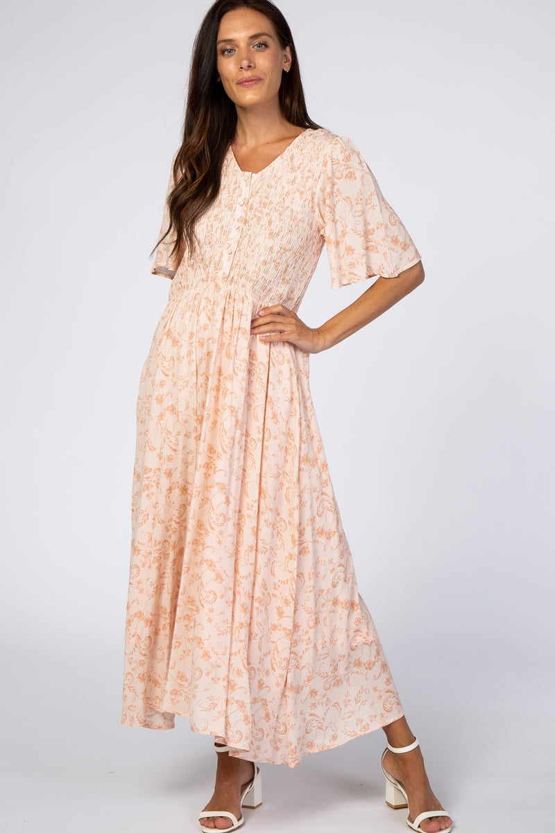 Peach Floral Button Front Smocked Midi Dress – PinkBlush