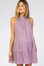 Lavender Mock Neck Ruffle Tiered Linen Maternity Dress