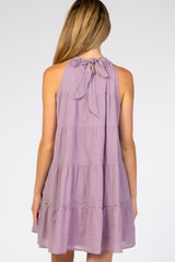 Lavender Mock Neck Ruffle Tiered Linen Maternity Dress