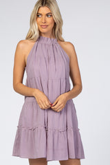 Lavender Mock Neck Ruffle Tiered Linen Dress