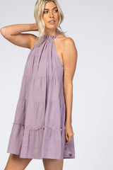 Lavender Mock Neck Ruffle Tiered Linen Dress