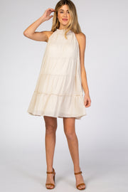 Beige Mock Neck Ruffle Tiered Linen Maternity Dress