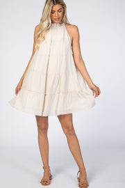 Beige Mock Neck Ruffle Tiered Linen Dress