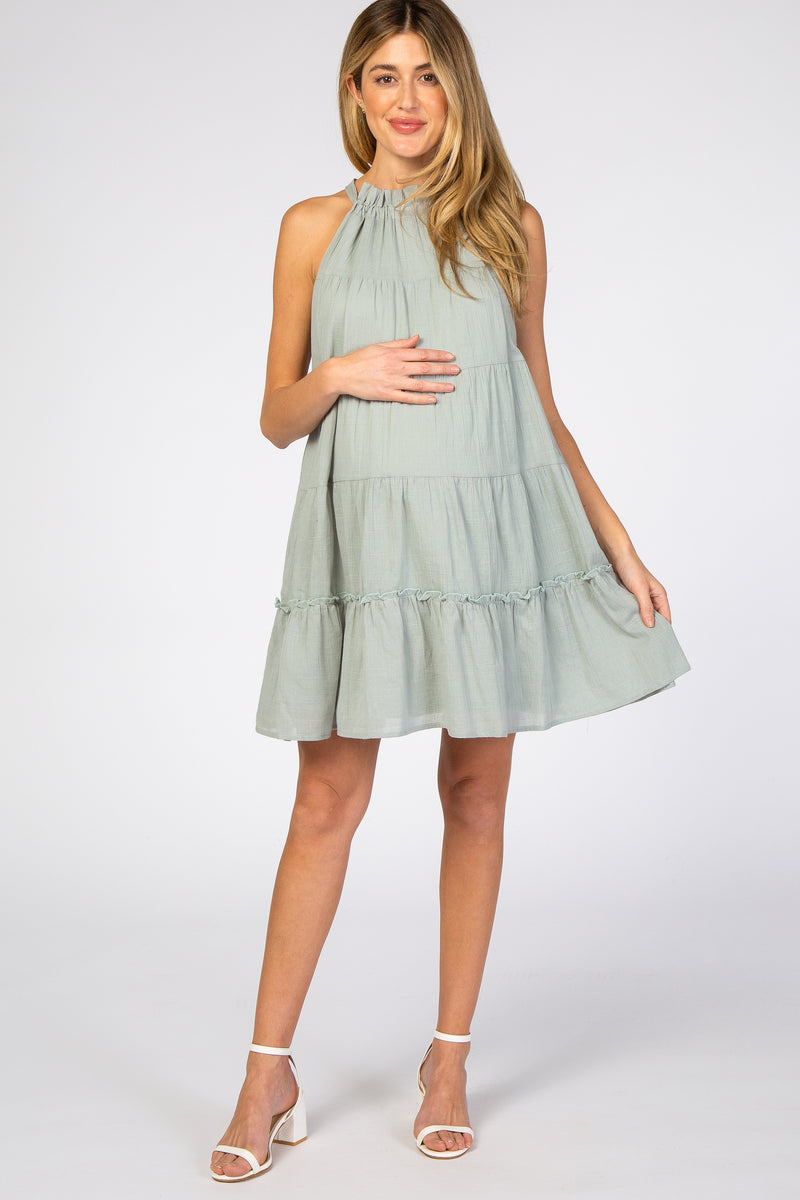 Mint Green Mock Neck Ruffle Tiered Linen Maternity Dress – PinkBlush