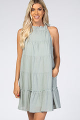 Mint Green Mock Neck Ruffle Tiered Linen Dress