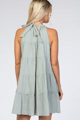 Mint Green Mock Neck Ruffle Tiered Linen Dress