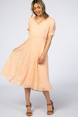 Peach Swiss Dot Ruffle Trim Maternity Dress