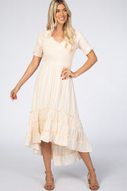 Cream Smocked Ruffle Hi-Lo Midi Dress