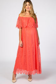 Coral Lace Off Shoulder Maternity Maxi Dress