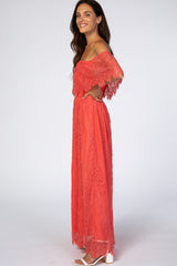 Coral Lace Off Shoulder Maxi Dress