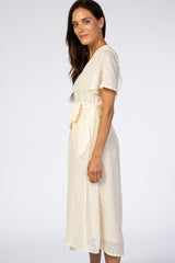 Ivory Textured Chiffon Waist Tie Midi Dress